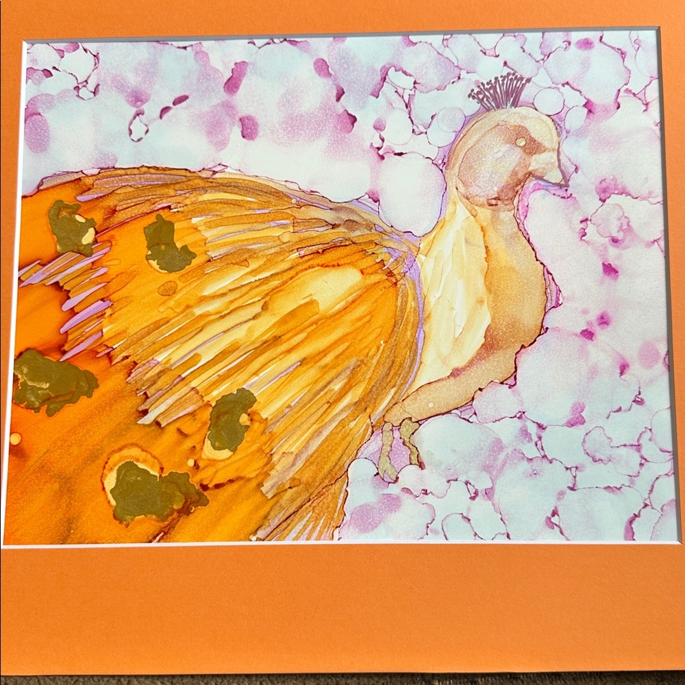 Handcrafted original orange Peacock alcohol ink painting wall art - Picture 6 of 8